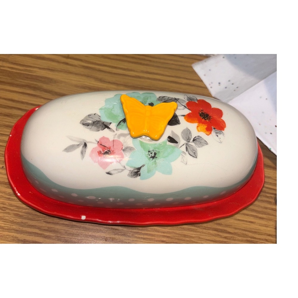 The Pioneer Woman Floral Butterfly Ceramic Butter Dish Red Scalloped Base
